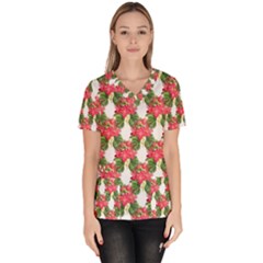 Floral Seamless Decorative Spring Women s V-neck Scrub Top by Pakrebo