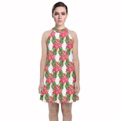 Floral Seamless Decorative Spring Velvet Halter Neckline Dress  by Pakrebo