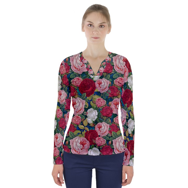 Roses Repeat Floral Bouquet V-Neck Long Sleeve Top