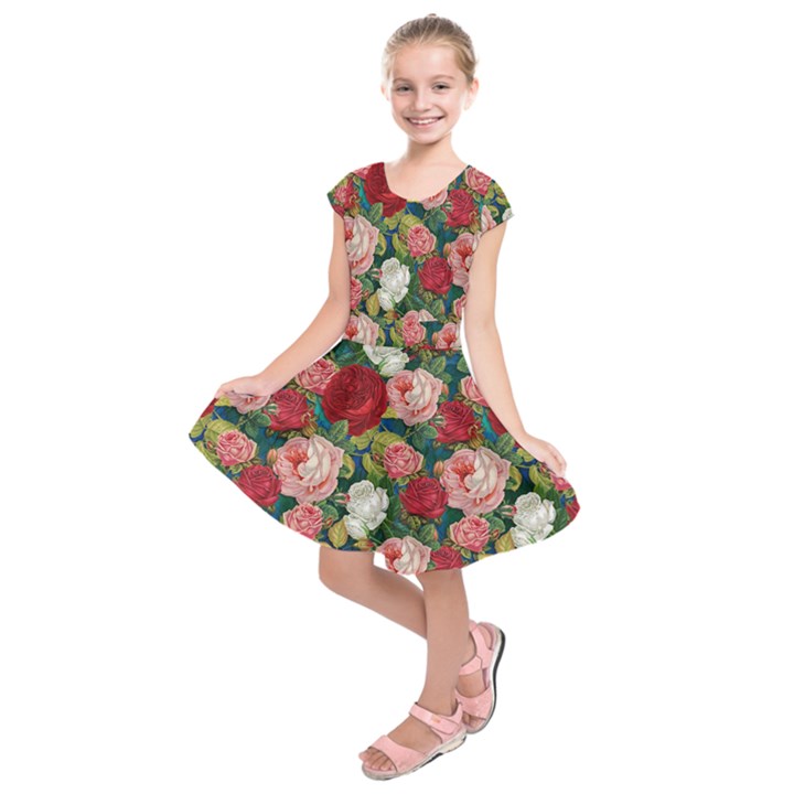 Roses Repeat Floral Bouquet Kids  Short Sleeve Dress