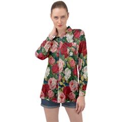 Roses Repeat Floral Bouquet Long Sleeve Satin Shirt