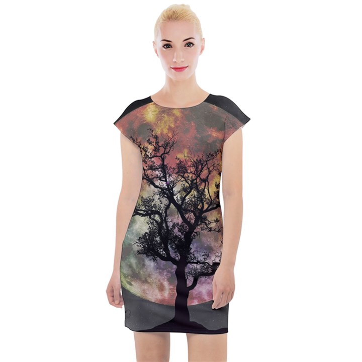 Full Moon Silhouette Tree Night Cap Sleeve Bodycon Dress