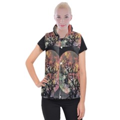 Full Moon Silhouette Tree Night Women s Button Up Vest