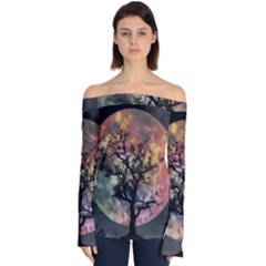 Full Moon Silhouette Tree Night Off Shoulder Long Sleeve Top by Pakrebo