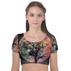 Full Moon Silhouette Tree Night Velvet Short Sleeve Crop Top  by Pakrebo