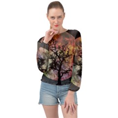 Full Moon Silhouette Tree Night Banded Bottom Chiffon Top