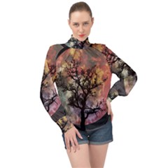 Full Moon Silhouette Tree Night High Neck Long Sleeve Chiffon Top