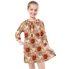 Scrapbook Floral Background Vintage Kids  Quarter Sleeve Shirt Dress by Pakrebo