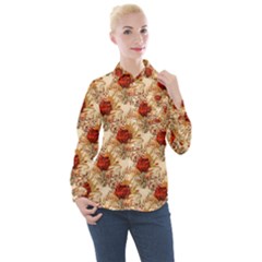 Scrapbook Floral Background Vintage Women s Long Sleeve Pocket Shirt