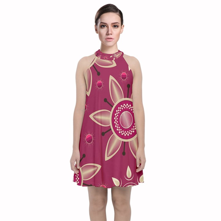 Background Non Seamless Pattern Art Velvet Halter Neckline Dress 