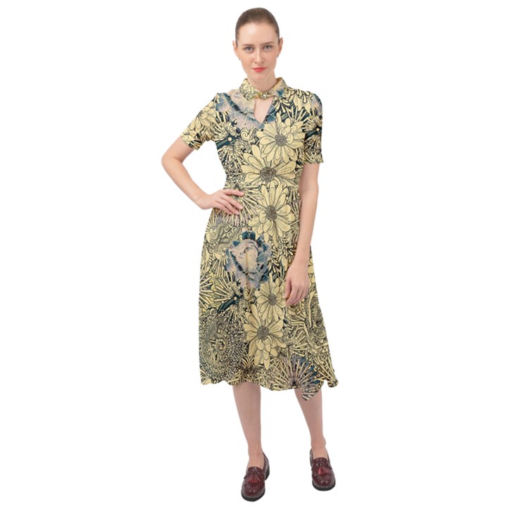 Abstract Art Artistic Botanical Keyhole Neckline Chiffon Dress