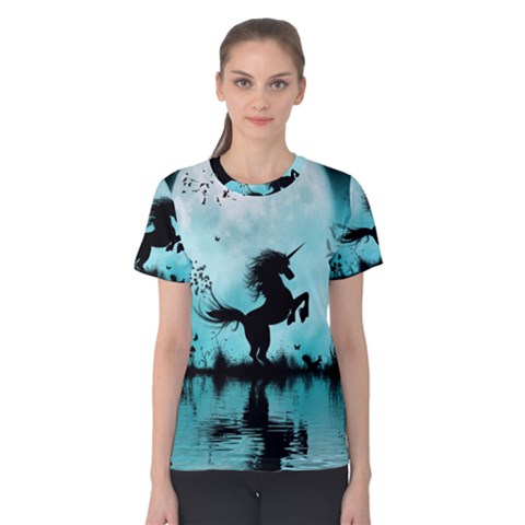 Wonderful Unicorn Silhouette In The Night Women s Cotton Tee by FantasyWorld7