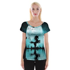 Wonderful Unicorn Silhouette In The Night Cap Sleeve Top by FantasyWorld7