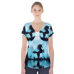 Wonderful Unicorn Silhouette In The Night Short Sleeve Front Detail Top by FantasyWorld7