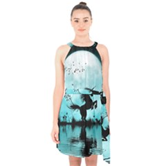 Wonderful Unicorn Silhouette In The Night Halter Collar Waist Tie Chiffon Dress by FantasyWorld7