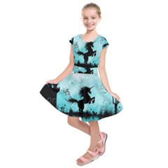 Wonderful Unicorn Silhouette In The Night Kids  Short Sleeve Dress by FantasyWorld7