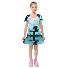 Wonderful Unicorn Silhouette In The Night Kids  Short Sleeve Velvet Dress by FantasyWorld7