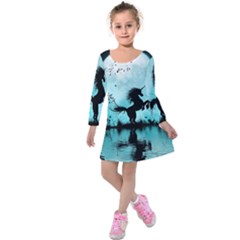 Wonderful Unicorn Silhouette In The Night Kids  Long Sleeve Velvet Dress by FantasyWorld7