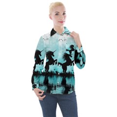 Wonderful Unicorn Silhouette In The Night Women s Long Sleeve Pocket Shirt