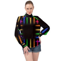 Neon Light Abstract Pattern High Neck Long Sleeve Chiffon Top