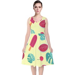 Watermelon Leaves Strawberry V-neck Midi Sleeveless Dress  by HermanTelo