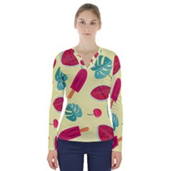 Watermelon Leaves Strawberry V-neck Long Sleeve Top by HermanTelo