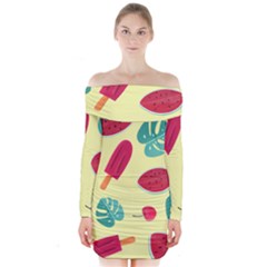 Watermelon Leaves Strawberry Long Sleeve Off Shoulder Dress