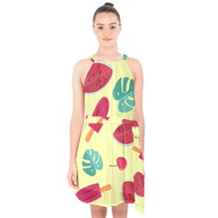 Watermelon Leaves Strawberry Halter Collar Waist Tie Chiffon Dress