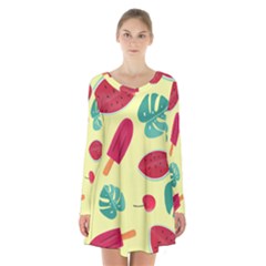 Watermelon Leaves Strawberry Long Sleeve Velvet V-neck Dress