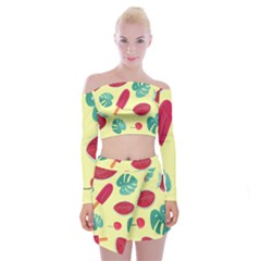 Watermelon Leaves Strawberry Off Shoulder Top With Mini Skirt Set