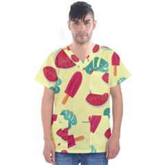 Watermelon Leaves Strawberry Men s V-neck Scrub Top