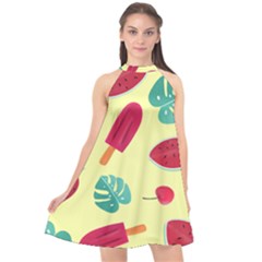 Watermelon Leaves Strawberry Halter Neckline Chiffon Dress  by HermanTelo