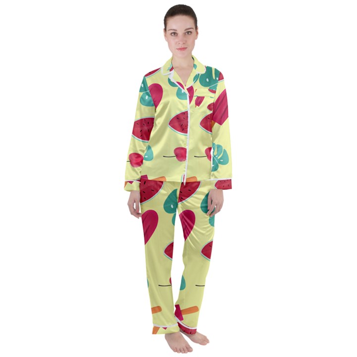 Watermelon Leaves Strawberry Satin Long Sleeve Pyjamas Set