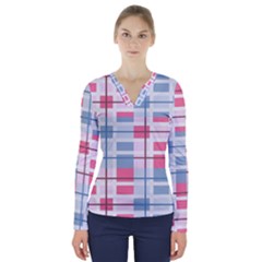 Fabric Textile Plaid V-neck Long Sleeve Top