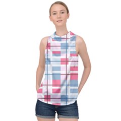 Fabric Textile Plaid High Neck Satin Top