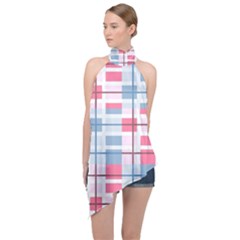 Fabric Textile Plaid Halter Asymmetric Satin Top