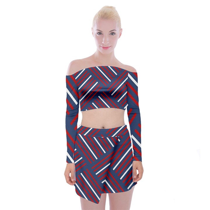 Geometric Background Stripes Off Shoulder Top with Mini Skirt Set