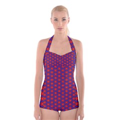 Blue Pattern Texture Boyleg Halter Swimsuit 