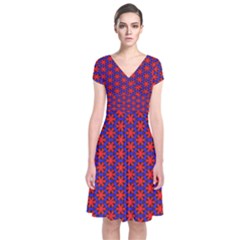 Blue Pattern Texture Short Sleeve Front Wrap Dress