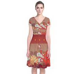 Abstract Flower Short Sleeve Front Wrap Dress