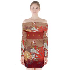 Abstract Flower Long Sleeve Off Shoulder Dress