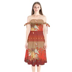 Abstract Flower Shoulder Tie Bardot Midi Dress