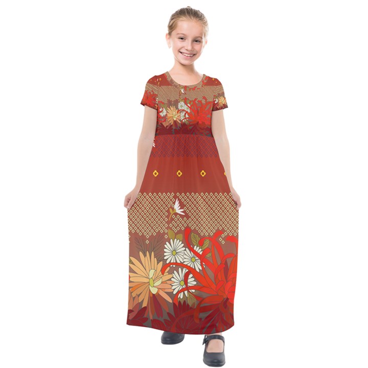 Abstract Flower Kids  Short Sleeve Maxi Dress