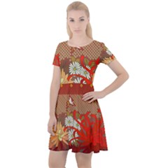 Abstract Flower Cap Sleeve Velour Dress 