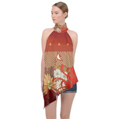 Abstract Flower Halter Asymmetric Satin Top by HermanTelo