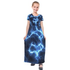 Electricity Blue Brightness Kids  Short Sleeve Maxi Dress