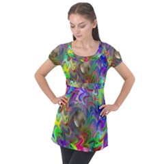 Rainbow Plasma Neon Puff Sleeve Tunic Top