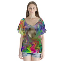 Rainbow Plasma Neon V-neck Flutter Sleeve Top by HermanTelo