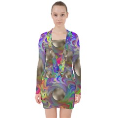 Rainbow Plasma Neon V-neck Bodycon Long Sleeve Dress