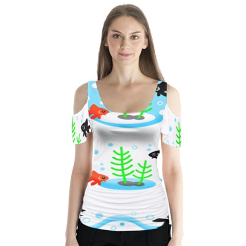 Fish Goldfish Water Butterfly Sleeve Cutout Tee  by Bajindul